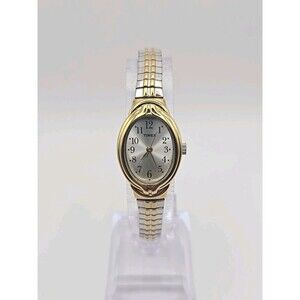Timex Cavatina Gold Silver Two Tone Oval Womens Watch Stretch New Battery Dainty